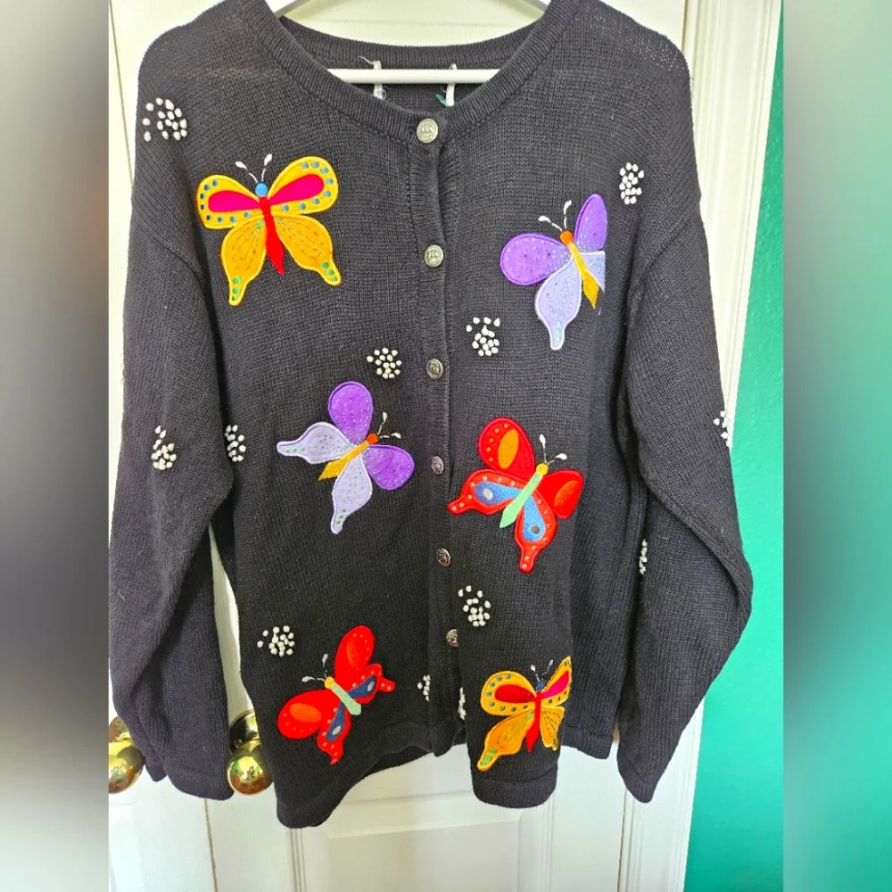 Quacker Factory Vintage Embroided Butterfly Cardigan - Picture 1 of 9